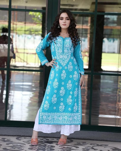 Sky blue rayon chainstitch work plazzo kurti