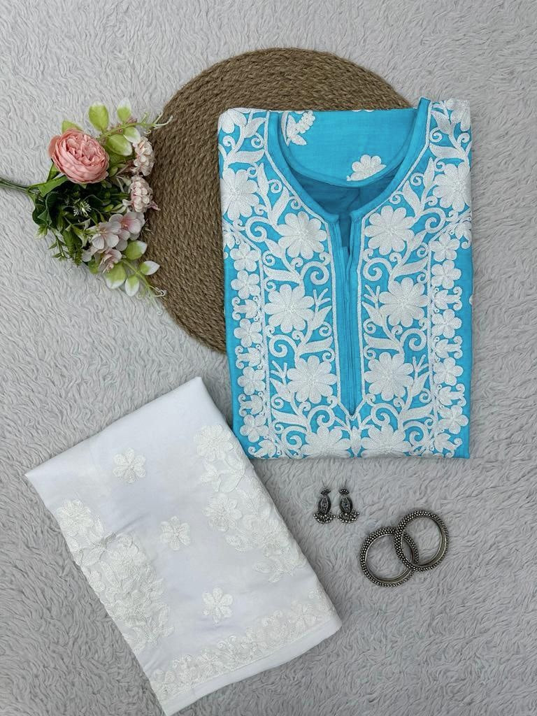 Sky blue rayon chainstitch work plazzo kurti