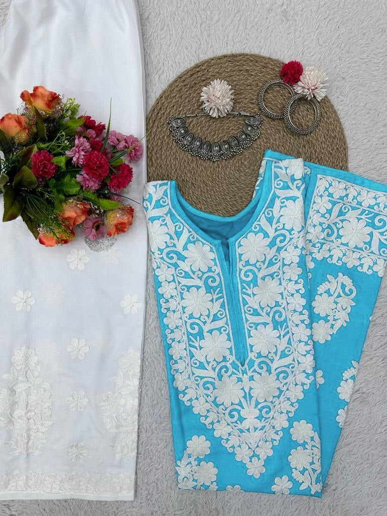 Sky blue rayon chainstitch work plazzo kurti