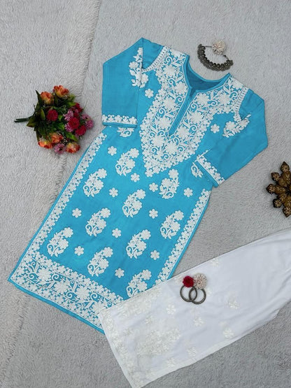 Sky blue rayon chainstitch work plazzo kurti