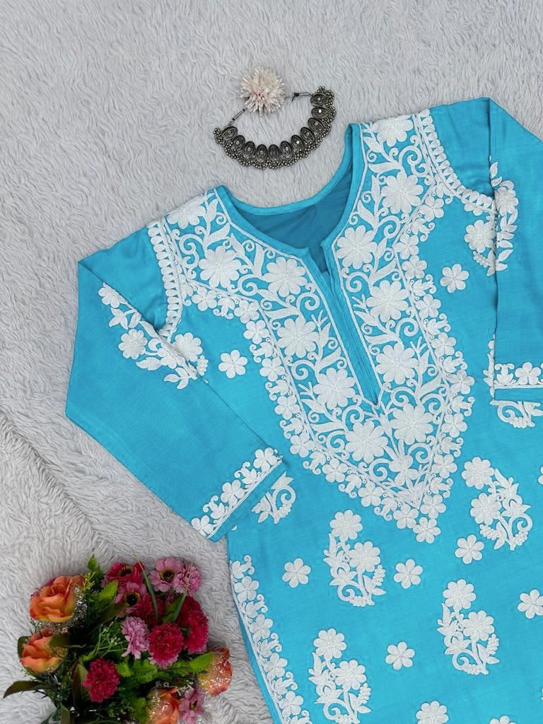 Sky blue rayon chainstitch work plazzo kurti