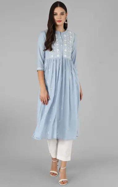 Sky blue rayon chikankari work short kurti