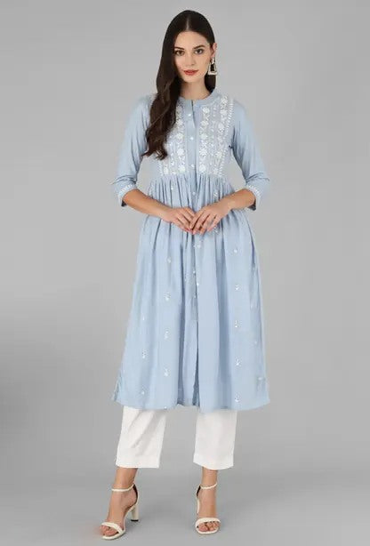 Sky blue rayon chikankari work short kurti