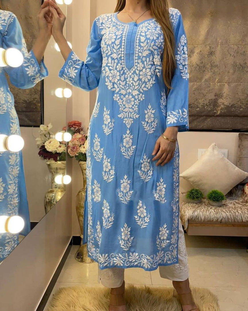 Sky blue rayon chikankari work summer kurti