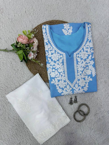 Sky blue rayon chikankari work summer kurti