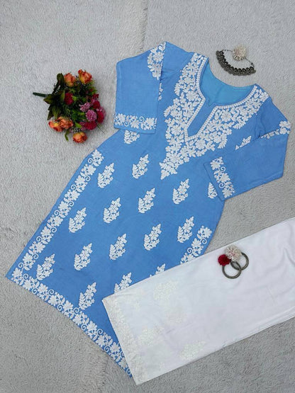 Sky blue rayon chikankari work summer kurti