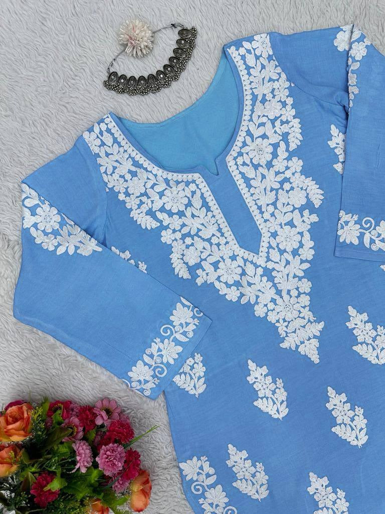 Sky blue rayon chikankari work summer kurti