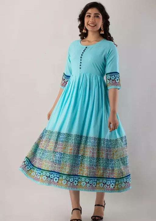 Sky blue rayon printed anarkali frock kurti