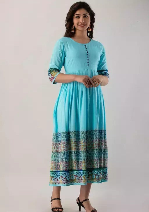 Sky blue rayon printed anarkali frock kurti