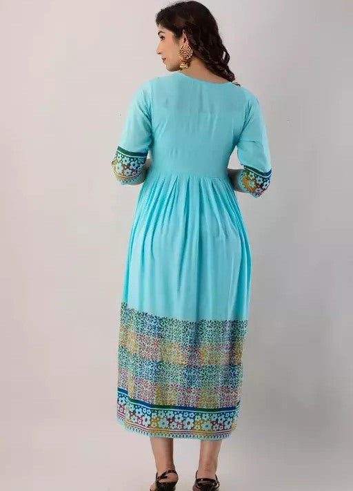 Sky blue rayon printed anarkali frock kurti