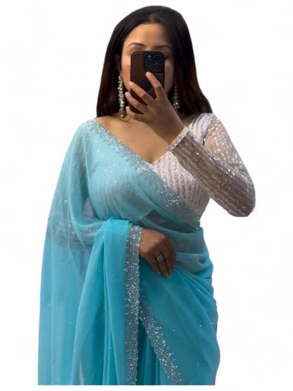 Sky blue shiny hot fix work party wear saree