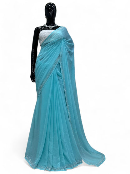 Sky blue shiny hot fix work party wear saree