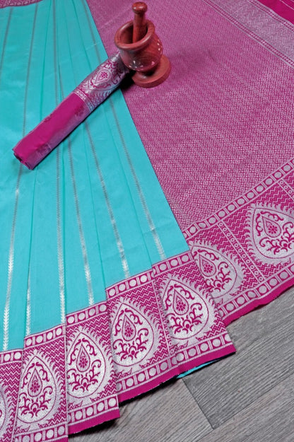 Sky blue soft lichi silk jacquard weaving work wedding saree