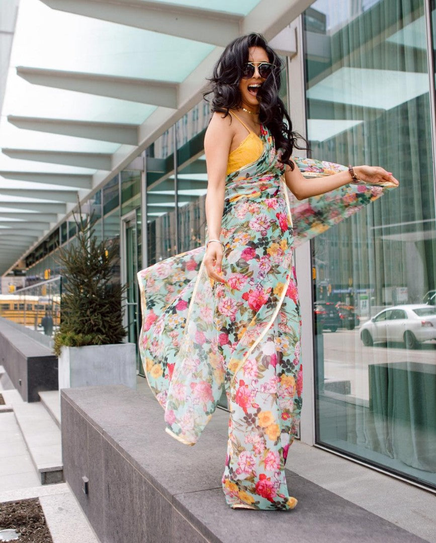 sky orgenza floral digital printed stylist casual wear saree