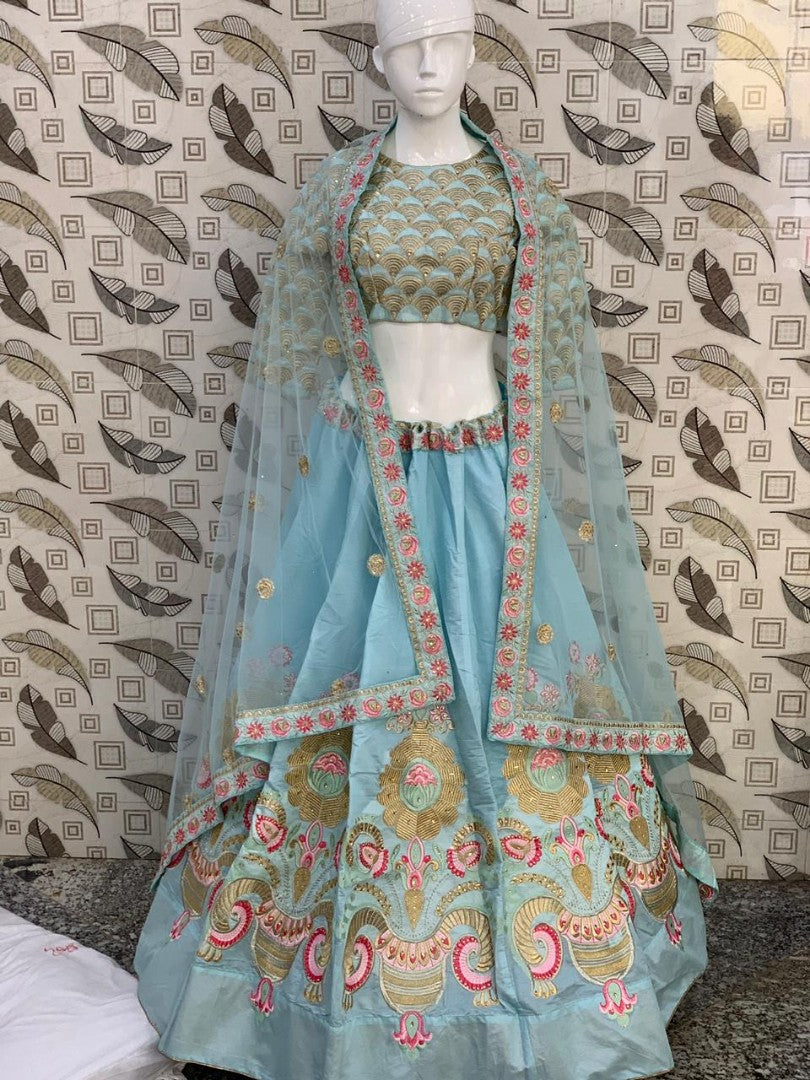 sky pure chanderi silk designer embroidered wedding lehenga