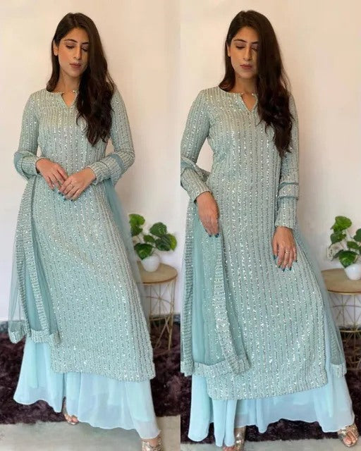 Skyblue Fox Georgette with sequence Embroidered work Palazzo Suit