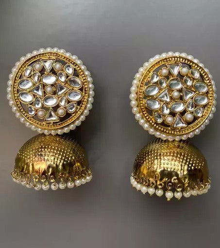 Steel gold pated kundan jhumka earrings