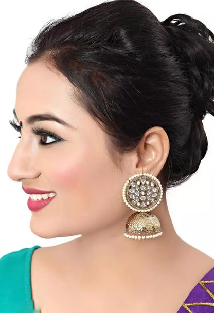 Steel gold pated kundan jhumka earrings