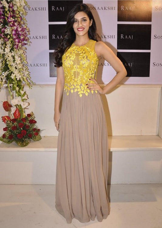 stylist bollywood style yellow and brown kriti sanon partywear gown