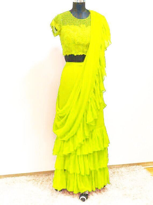 yellow Stylist partywear ruffle saree with net embroidered blouse