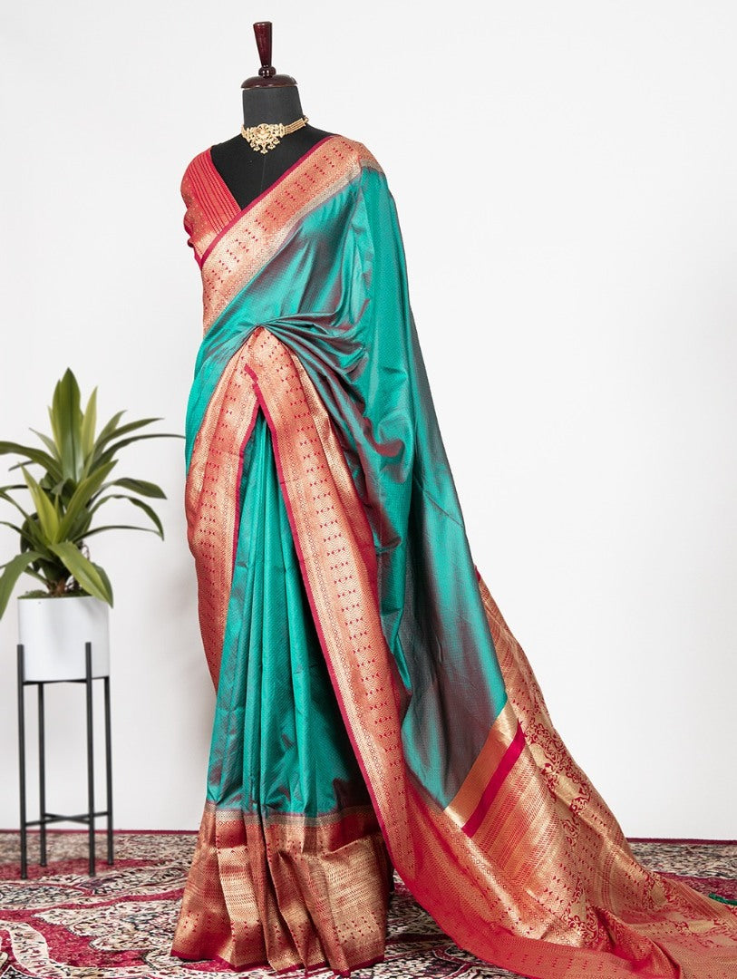 Teal green banarasi silk weaving work wedding saree