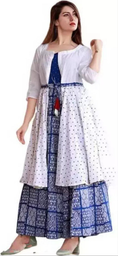 White and blue rayon printed gown kurti with jacket