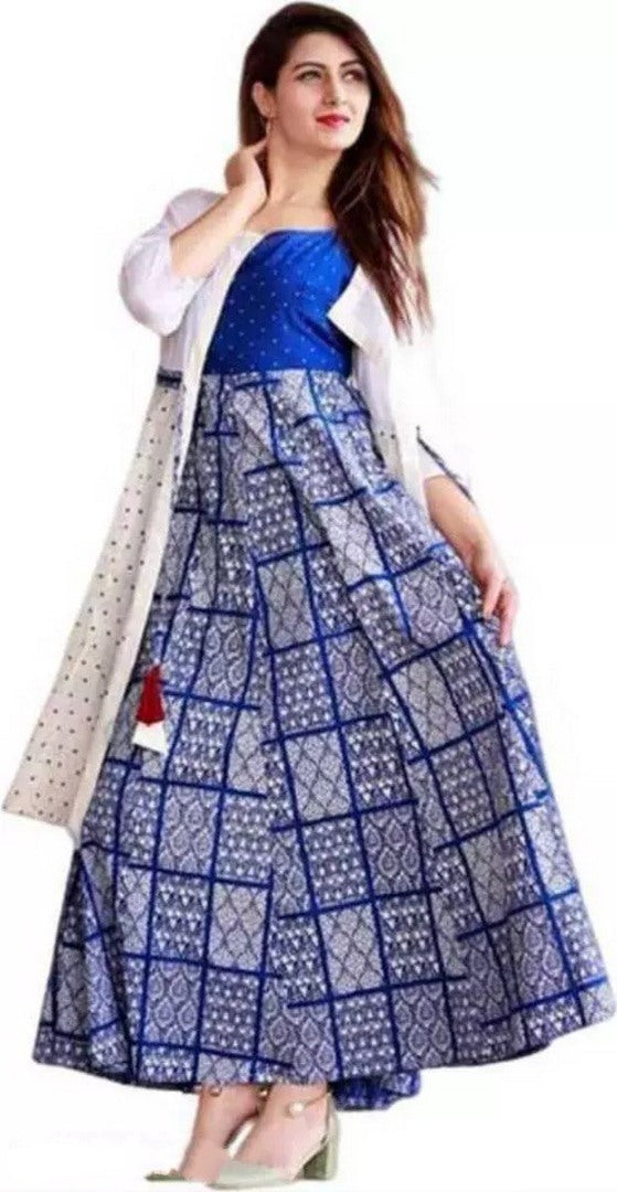 White and blue rayon printed gown kurti with jacket