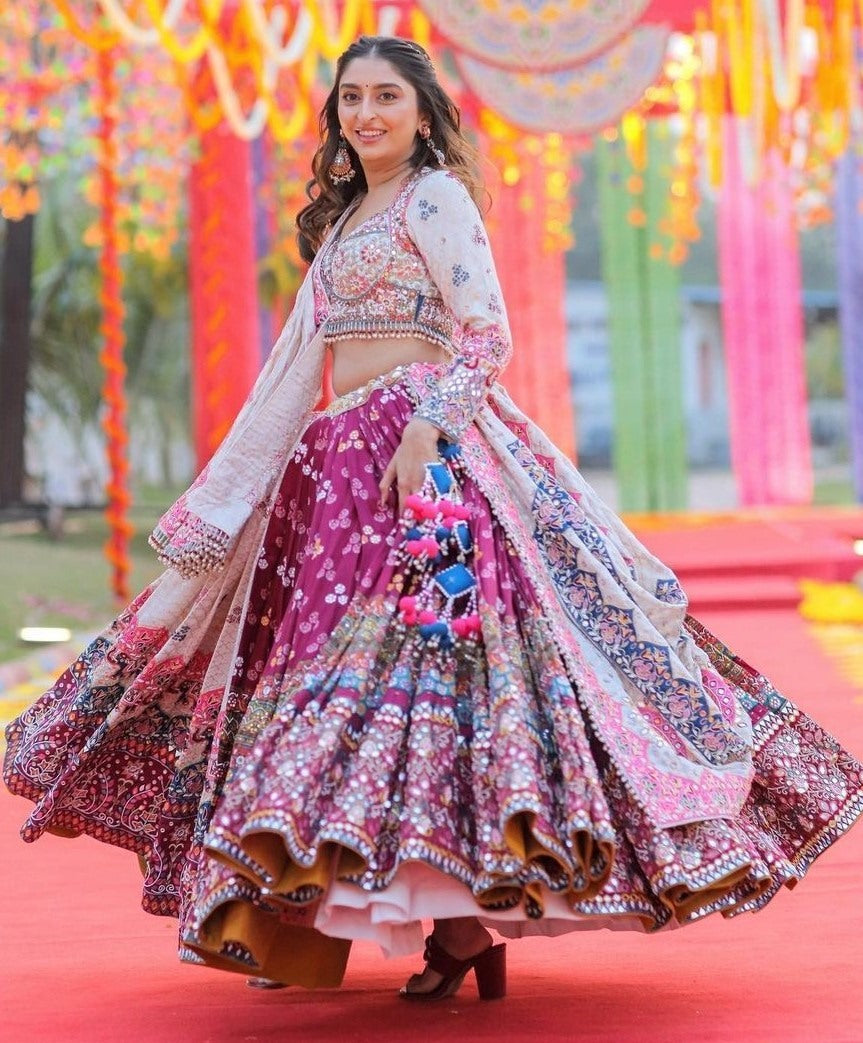 White and maroon print and mirror work gujarati garba navratri lehenga chaniya choli