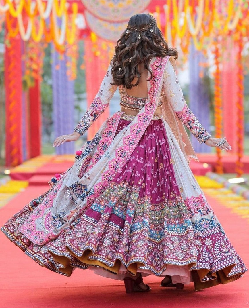 White and maroon print and mirror work gujarati garba navratri lehenga chaniya choli