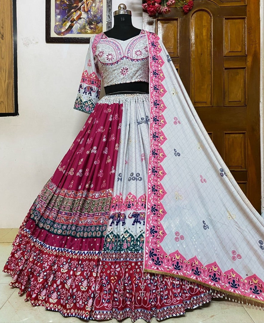 White and maroon print and mirror work gujarati garba navratri lehenga chaniya choli