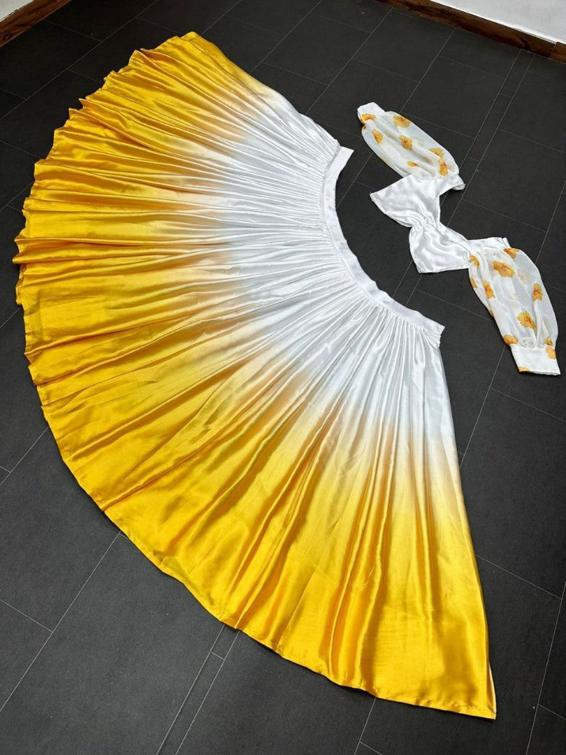 White and yellow soft satin silk crop top lehenga for haldi ceremony