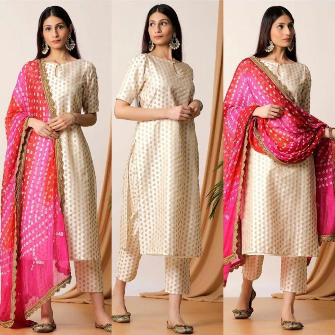 White banarasi jacquard silk salwar suit with bandhej dupatta