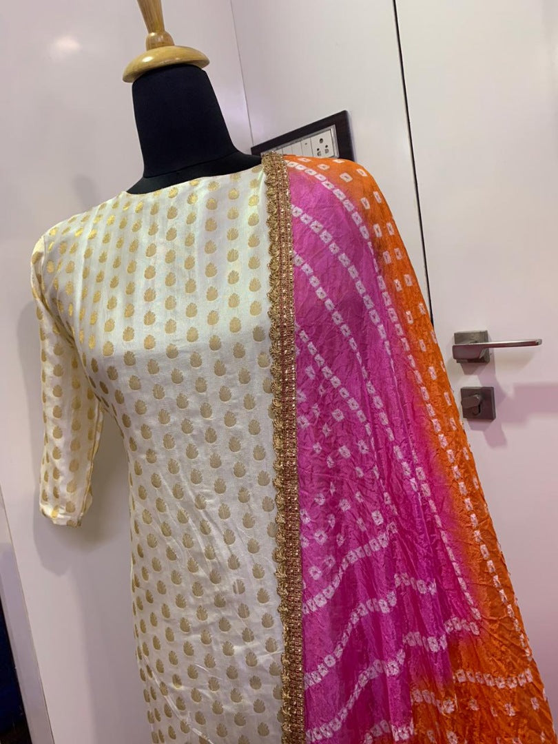 White banarasi jacquard silk salwar suit with bandhej dupatta