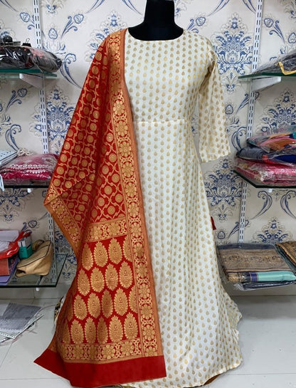 White banarasi jacquard weaving work ceremonial gown