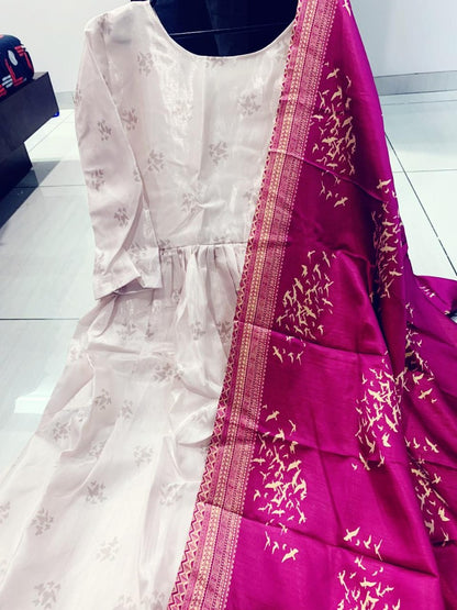 White banglory satin gown with printed dupatta