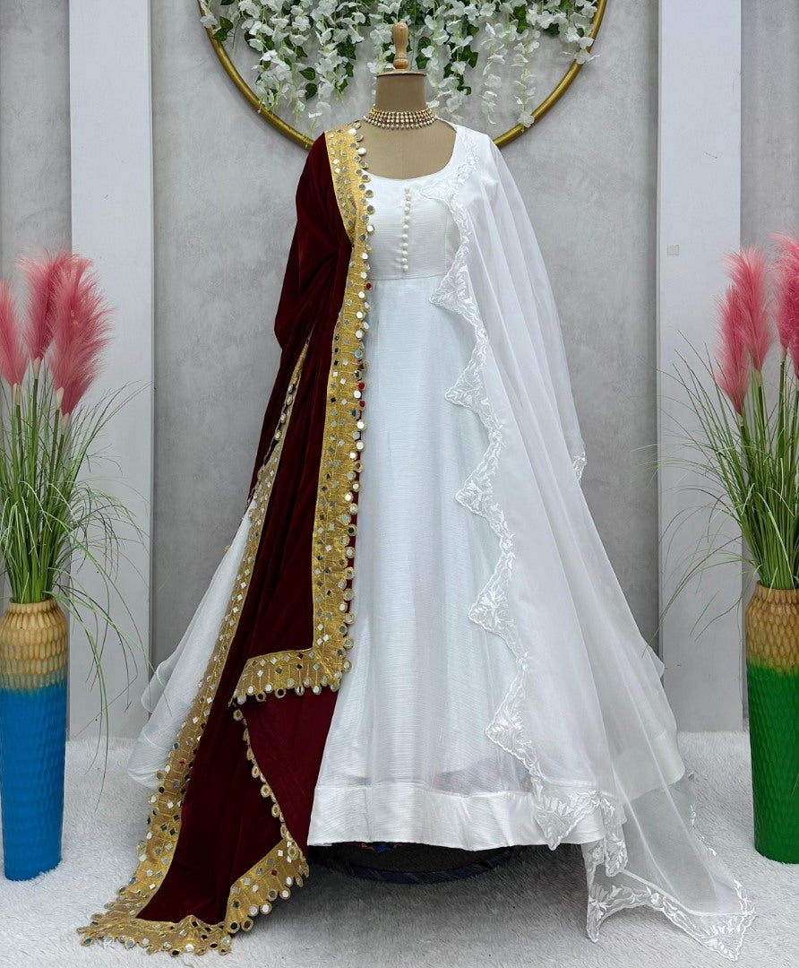 White chinon silk gown with velvet dupatta