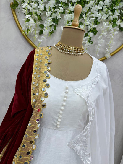 White chinon silk gown with velvet dupatta