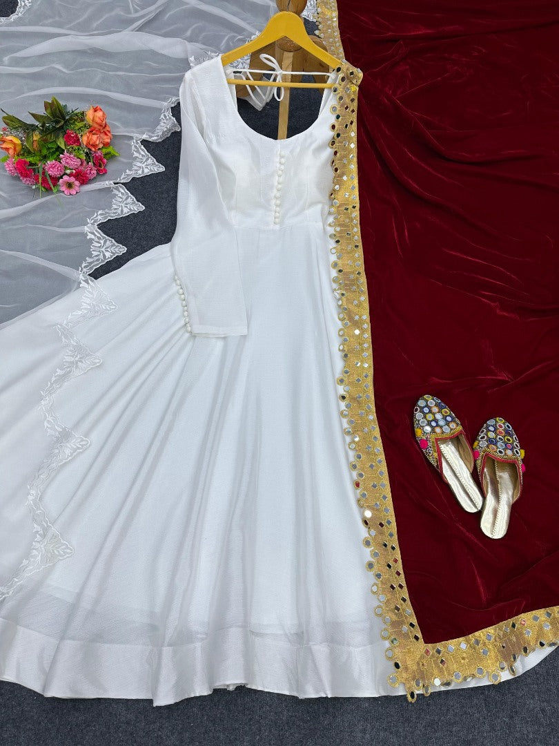 White chinon silk gown with velvet dupatta