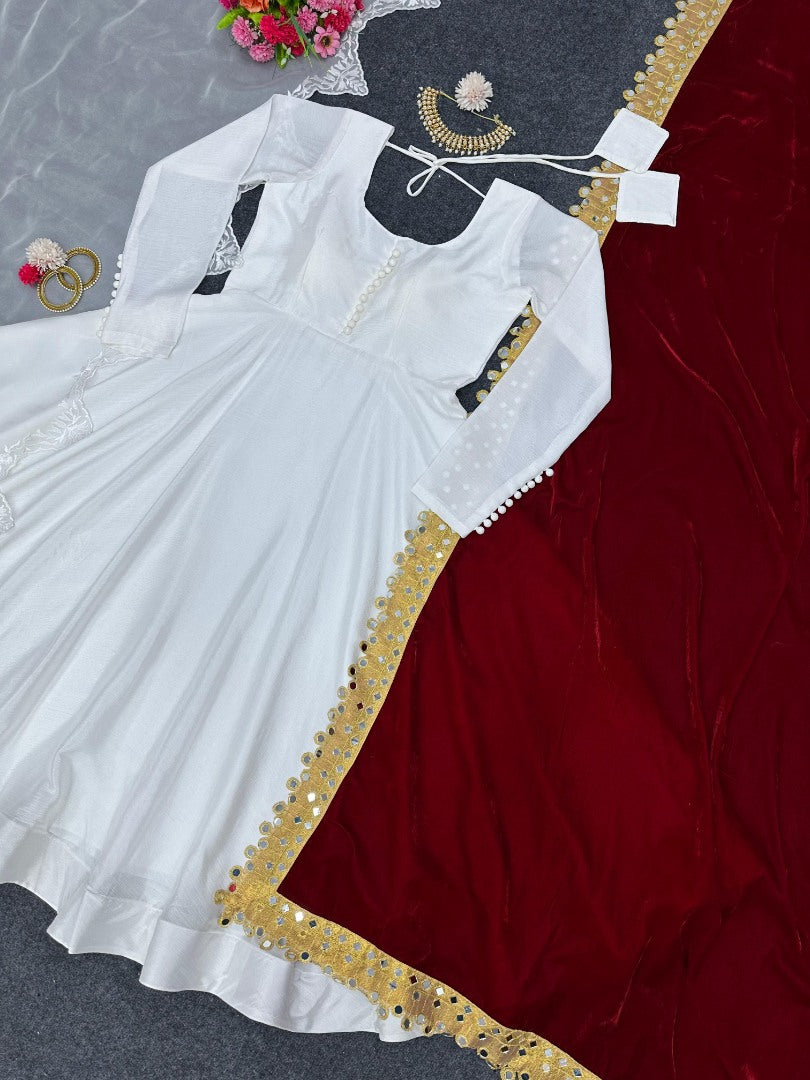 White chinon silk gown with velvet dupatta