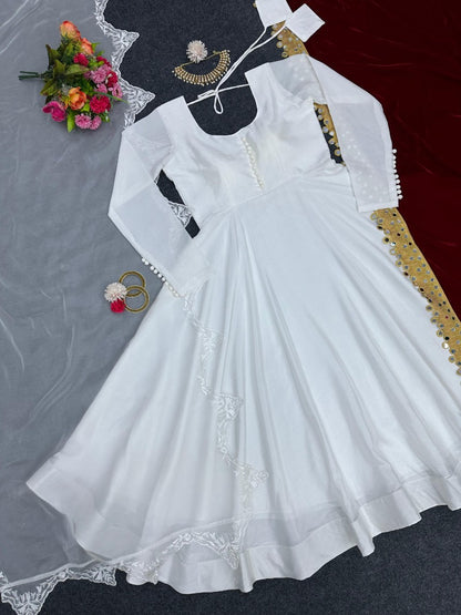 White chinon silk gown with velvet dupatta