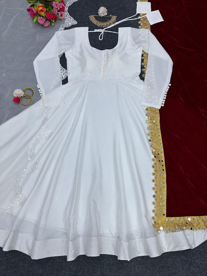 White chinon silk gown with velvet dupatta