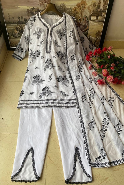 White cotton embroidery work pant suit