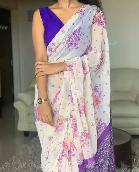 White cotton linen floral printed casual saree