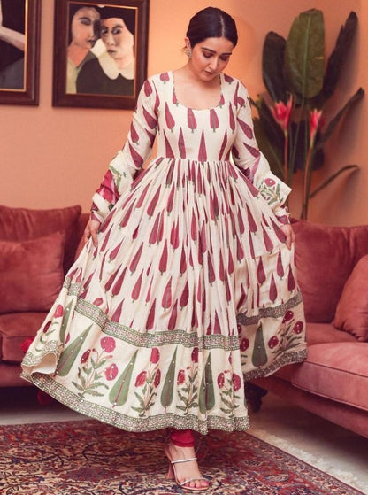 White digital printed anarkali suit