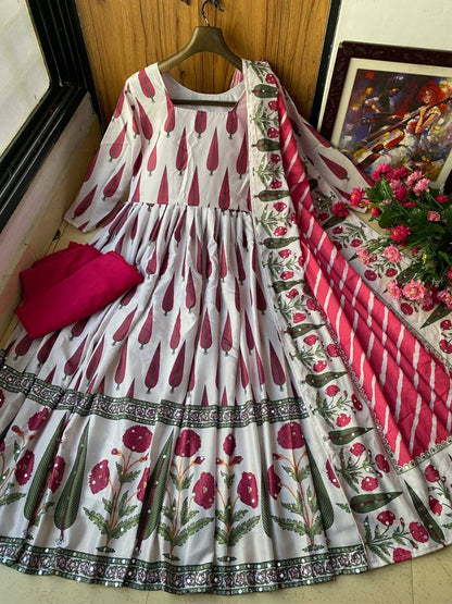 White digital printed anarkali suit