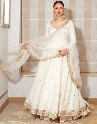 White embroidery work long anarkali suit