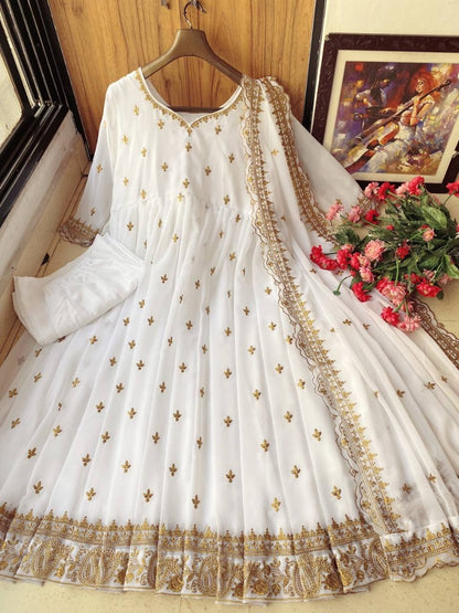 White embroidery work long anarkali suit