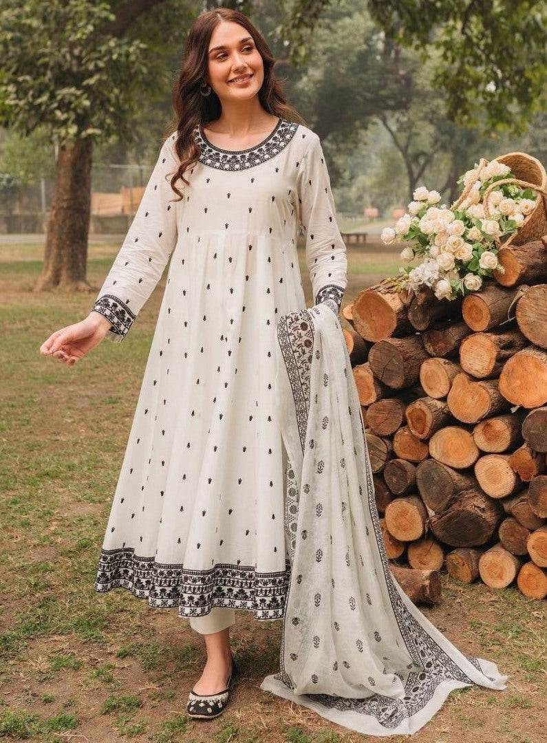 White embroidery worked anarkali suit