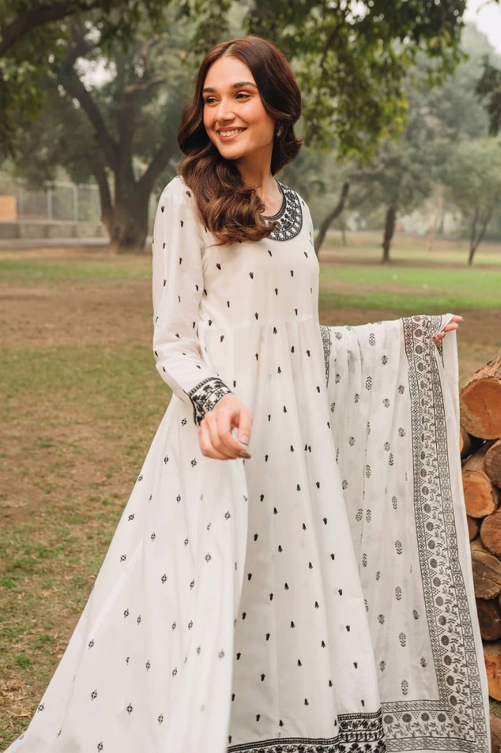 White embroidery worked anarkali suit