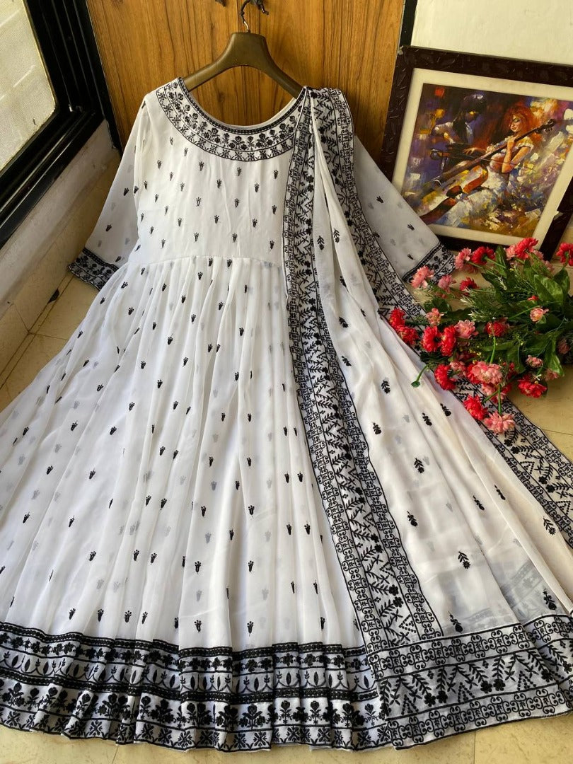 White embroidery worked anarkali suit